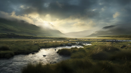 a serene pastoral scene of a river valley landscape with a river, captured using the zeiss batis 18mm f2.8 lens. the image showcases the atmospheric and moody lighting, reminiscent of scottish landscapes. this digitally manipulated photograph, a contest winner, beautifully portrays the light-filled and tranquil ambiance of the scene. ai generatedの素材
