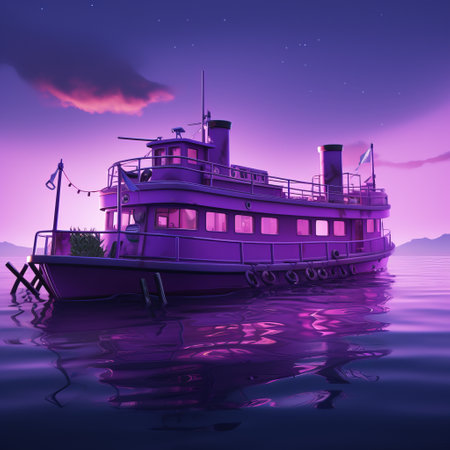 a fortnite game for ipad featuring romantic riverscapes and art nouveau-inspired illustrations. the design showcases a blend of light violet and dark magenta tones, with detailed ship sails. influenced by the works of joe shuster, shuzo oshimi, and charles addams. ai generatedの素材