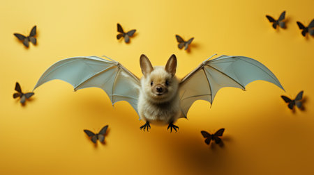 a cute bat is captured in this halloween-themed vector illustration. the bat is seen flying alongside butterflies, creating a whimsical and enchanting scene. the image is created using smart layers in photoshop, with a style reminiscent of artists like dimitry roulland, peter lippmann, and matthias jung. the color palette features shades of yellow and beige, while the use of the soft-focus technique adds a touchの素材