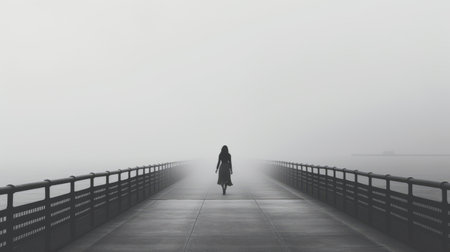 a woman stands on a foggy pier, creating a chilling atmosphere reminiscent of psychological horror. the monochromatic artwork, inspired by the die brucke movement, incorporates gothic references. the use of light black and gray tones enhances the eerie mood, while exaggerated perspectives and a minimalistic approach add to the overall haunting effect. ai generatedの素材