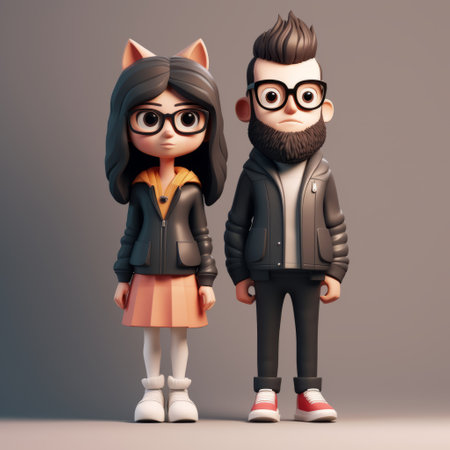 a pair of cartoon characters wearing glasses, depicted in a 3d model. these characters are inspired by anime-style designs, combining realism with surrealistic elements. they represent a mix of animals and people, showcasing a schoolgirl lifestyle. the characters are portrayed as animal figurines, with bold and angular features. this unique style can be described as "forestpunk.", ai generatedの素材