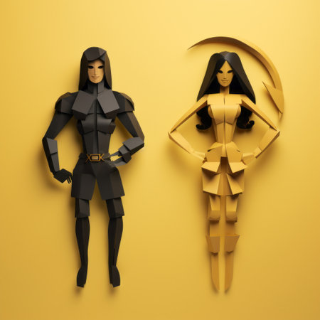 two paper cutout pictures featuring a man and a woman in a futuristic and edgy style. the characters are depicted in dark yellow and dark black colors, with a hard surface modeling technique. the images have a low poly aesthetic and minimalist beauty, drawing inspiration from medieval themes. rendered in maya. ai generatedの素材