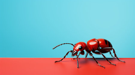 a red bug sits on a minimalist blue-green table, creating a striking contrast. this hyper-realistic animal illustration, created using zbrush, showcases the intricate details of the bug. the 32k uhd resolution enhances the visual appeal, while the light red and dark bronze tones add depth and richness. this charming character illustration is beautifully cross-processed, resulting in a unique and captivating image. ai generatedの素材