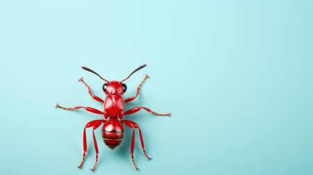 small red ant against blue light in a layered imagery style with subtle irony. the photo features pop-culture-infused elements, minimal retouching, eccentric props, and bold color-blocking. the ant stands out in the foreground, creating a visually striking contrast against the vibrant blue light. ai generatedの素材