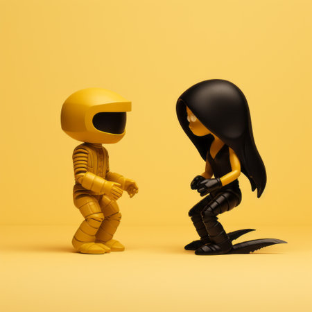 two small scale figurines with black hair are depicted in this futuristic digital art photo. the figures are rendered in a dark yellow and black color scheme, giving them a unique and edgy appearance. these editorial illustrations feature celebrity and pop culture references, capturing candid moments. created using cinema4d, these figurines are part of the dinocore collection. ai generatedの素材