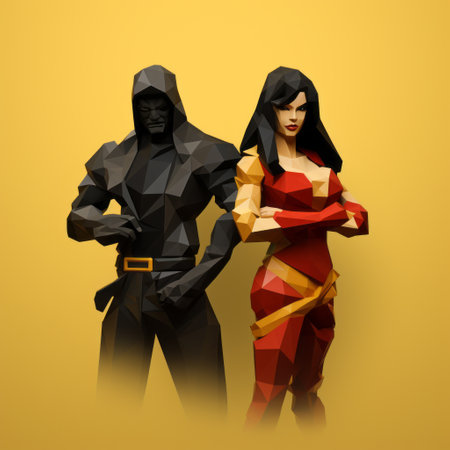 two female anime stylized cartoon characters, with a dark yellow and dark red color scheme, are depicted in a low poly style reminiscent of marvel comics. the design incorporates elements of industrial and product design, showcasing a minimalist sculptor's approach. the characters' color palette includes dark yellow and dark gray, while the artwork showcases varied brushwork techniques. ai generatedの素材