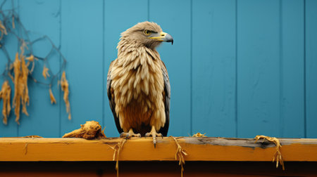 a bird perched on a wooden surface, showcasing its vibrant feathers in a combination of light brown and dark azure. the high-resolution image captures intricate details of the bird's fur and feathers, highlighting its natural beauty. the photograph draws inspiration from the dansaekhwa and pont-aven school art styles, creating an explosive depiction of wildlife. ai generatedの素材