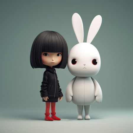 a white rabbit with black hair and black boots stands next to a wooden bunny in this cartoon-like artwork inspired by ilya kuvshinov. rendered in cinema4d, the bold character designs resemble the style of liu ye. the use of a konica big mini camera adds a touch of nostalgia to this unique creation by bill gekas. ai generatedの素材