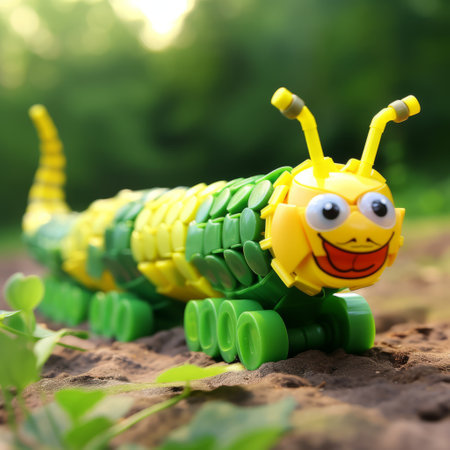 a toy caterpillar, designed in a modular style, rests in the dirt adorned with leaves. this unique creation showcases interlocking structures and embodies the essence of happy expressionism. crafted with intricate details, it is made of plastic, resembling the vibrant colors of nature. the caterpillar's design seamlessly blends elements of insects, plastic, and even cheese, creating a captivating visual with mesmerizing color gradients. ai generatedの素材