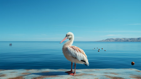 white pelican perched on a metal wall near the water, surrounded by a light sky-blue and light red mediterranean landscape. this visually poetic and realistic seascape captures the beauty of the scene. shot with a konica big mini camera, the uhd image showcases the stunning split toning effect. ai generatedの素材