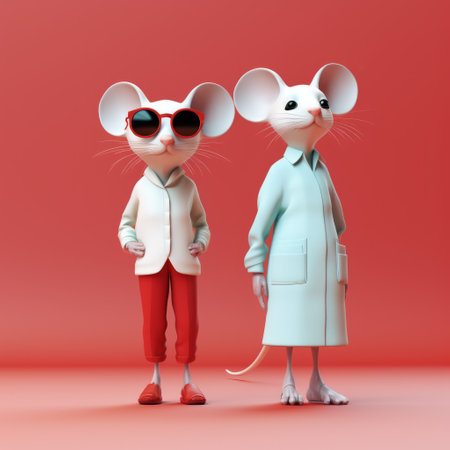 two adorable mouse characters are depicted in this 3d illustration, 859r. inspired by modernism, their portraits showcase normcore fashion with intricate costumes. the vibrant colors, designed by women, include a mix of dark white and light red, creating a visually striking image. this illustration captures the essence of the 1970s to the present day. ai generatedの素材