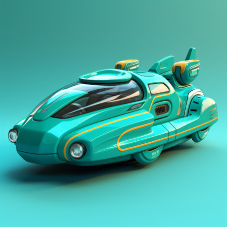 a futuristic car created using 3ds max, featuring a dark turquoise and light yellow color scheme. this cartoon-inspired pop vehicle is reminiscent of alien worlds and dieselpunk aesthetics. with its futuristic spacecraft design, it combines elements of light turquoise and light crimson, resulting in lively illustrations. ai generatedの素材