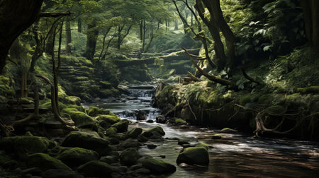a stream meanders through a vibrant, verdant forest, capturing the essence of jonathan wolstenholme's style. the atmospheric play of light and shadow creates a moody and tranquil scene, showcasing the artist's sensitivity to the natural world. this fantastic landscape evokes the tranquil landscapes often seen in the works of truls espedal. ai generatedの素材