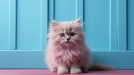 a white fluffy kitten with a dignified pose is captured in a studio portrait, staring into a brightly colored room. the room is styled with a combination of dark pink and light azure, creating a bold yet graceful atmosphere. the toning technique used in the photo enhances the understated sophistication, with hints of light indigo and light brown. ai generatedの素材