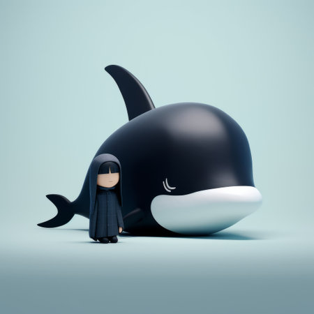 the doll, with its detailed character design, is seen preparing to swim alongside a majestic whale. the image showcases a captivating blend of dark black and dark azure tones, enhanced by the use of 8k 3d technology. influenced by japanese minimalism, this artwork delves into character studies while incorporating religious themes. the photograph is captured using fujifilm velvia, adding a touch of vibrancy to theの素材