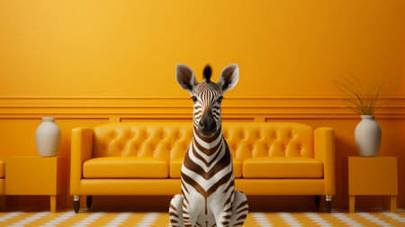 a zebra stands on a checkered floor, showcasing a playful and whimsical tone. the dark orange and light beige color scheme adds a striking use of color to the scene. the 3d rendering, done with vray tracing, highlights the zebra's yellow stripes against minimalist backgrounds. this high-resolution 8k image captures the zebra's unique beauty. ai generatedの素材