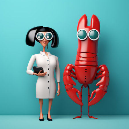 doctor crab, a charming and inventive character, is depicted in this 3d illustration. set against a blue background, the artwork is inspired by feminine subjects and the styles of george ault and stevan dohanos. the color palette includes light red and dark emerald, creating a visually appealing composition. the illustration captures the essence of science academia with its unique and imaginative character design. ai generatedの素材