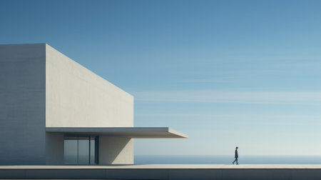 a large, white building designed by architect jay shankar in the style of emiliano ponzi. the building offers serene oceanic vistas and features minimalist ceramics. captured with the tamron 24mm f/2.8 di iii osd m12 lens, the photo showcases the shwedoff's light bronze and indigo color palette, complementing the minimalist figuration. ai generatedの素材