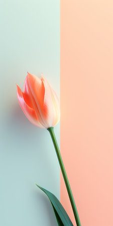 tulip flowers bloom vibrantly against a vivid blue backdrop, showcasing a minimalist and muted style. the composition features layers of light orange, pink, red, and emerald hues, creating a striking contrast with the background. the image captures hyper-realistic details while maintaining a minimalistic aesthetic. ai generatedの素材