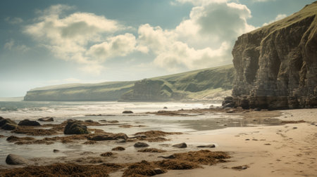 a stone floor on the beach, reminiscent of majestic and sweeping seascapes found in traditional british landscapes. this 32k uhd photo captures the light teal and light amber hues, creating a mystical ambiance. the intricate details showcase both mystical creatures and captivating coastal scenery, reminiscent of the renowned artist glen orbik's work. ai generatedの素材