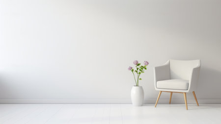 a 3d rendering stock photo of an empty white room featuring a vase and a chair. this minimalist illustration follows the style of zen minimalism, with a delicate arrangement of flowers. the image is in 8k resolution and showcases a matte background. the subtle color palette and clean design evoke a sense of tranquility. ai generatedの素材