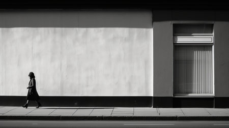 a woman gracefully strolls along the street, capturing captivating shadows in the luminous light. this minimalist still life photograph embodies the essence of the dusseldorf school of photography, showcasing architectural grids and monochromatic masterpieces. with its site-specific composition, this 3840x2160 image reveals realistic hyper-detail, offering a mesmerizing visual experience. ai generatedの素材