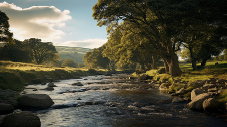 a photo featuring a picturesque pastoral landscape with large trees in the background, rendered in the style of unreal engine. this british topographical scene, captured by michael shainblum, showcases a realistic portrayal of light and shadow, creating a romantic riverscape. the flowing textures add depth and beauty to this stunning natural setting. ai generatedの素材