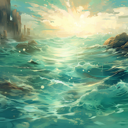 a big boat in the water, reminiscent of cyril rolando's style, is illuminated by sunrays. the naturalistic ocean waves surround it, while highly detailed cityscapes and naturalistic landscape backgrounds add depth to the scene. the artist's flowing brushwork brings to life fictional landscapes in this captivating artwork. ai generatedの素材