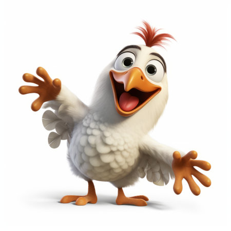 the animated chicken poster features a full-size, lively action pose of a chicken and an animated pig. created in the style of 8k 3d, this poster showcases life-like avian illustrations with a light white and white color scheme. the heavily textured design adds depth and the high-quality photo captures the essence of these animated film pioneers. ai generatedの素材