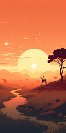 african landscape background featuring a graphic design-inspired illustration style. this wallpaper showcases a warm color palette and the unique aesthetic of redscale film. it exudes an adventurous theme with detailed character designs and romantic riverscapes, making it perfect for those who appreciate fawncore vibes. ai generatedの素材