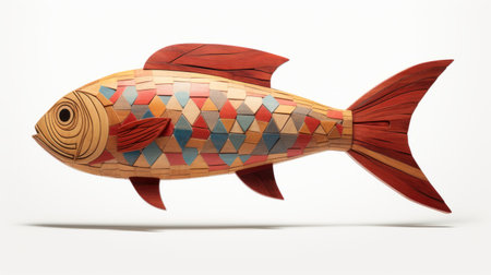 a wood fish sculpture featuring geometric shapes on its back, showcasing a vibrant combination of light crimson and light azure colors. the sculpture is adorned with textured illustrations and woven color planes, creating a playful and colorful depiction. the artwork incorporates the mote kei style and demonstrates a heavy use of palette knives, while the fisheye lens adds an intriguing perspective. ai generatedの素材