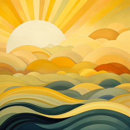 abstract painting of the sun, capturing the essence of naturalistic ocean waves and art nouveau-inspired illustrations. this artwork showcases realistic landscapes with soft, tonal colors, a whimsical skyline, and precise, flowing lines. the bold chromaticity adds depth and vibrancy to the composition, making it a captivating piece of precisionist art. ai generatedの素材