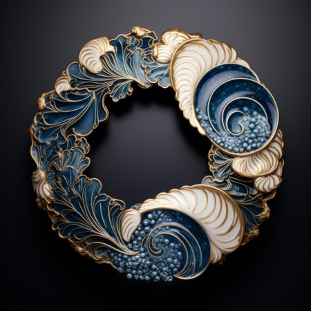 the photo showcases a stunning jewelry piece designed for a dental office in chicago. this unique creation seamlessly incorporates the theme of politics, featuring a captivating blend of blue and gold hues. the design also incorporates a seamless seigaiha pattern and an alcohol ink texture, resulting in a truly eye-catching and elegant accessory. ai generatedの素材