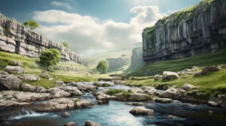 the photo showcases the stunning mountain scenery of the dales in south yorkshire, captured in the style of oliver wetter. this high-resolution uhd image by paul cadmus exudes an adventure-themed atmosphere with its flowing brushwork and natural lighting. the detailed background elements add depth and richness to the composition. ai generatedの素材
