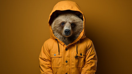 a brown bear hat hood stands out against an orange background in this captivating photo. inspired by the styles of sacha goldberger, caras ionut, national geographic photography, rap aesthetics, ivanovich pimenov, and simplified, charming illustrations, this image combines elements of nature and artistry in a unique and visually striking way. ai generatedの素材