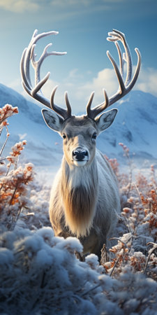 a stunning deer wallpaper in the style of daz3d, featuring hyper-realistic portraiture of a majestic deer in the beautiful norwegian nature. the softbox lighting enhances the photo-realistic techniques used, creating a festive atmosphere. this uhd image is available for free download in 1920x1080 resolution. ai generatedの素材
