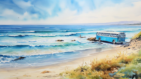 a stunning ocean landscape featuring a red mini bus parked on a picturesque beach. this captivating artwork, inspired by the emotional watercolors of tanya shatseva, showcases the realistic blue skies reminiscent of gerard sekoto's style. the light-filled scenes, reminiscent of simon luttichuys, create an intense play of light and shadow. ai generatedの素材