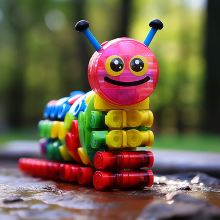 a colorful toy from a toy store, captured in the style of laowa 100mm f/2.8 2x ultra macro apo lens. this smilecore toy showcases a polished metamorphosis, perfect for dynamic outdoor shots. its surrealistic cartoon design adds a touch of whimsy, while its modular structure makes it both cute and colorful. ai generatedの素材
