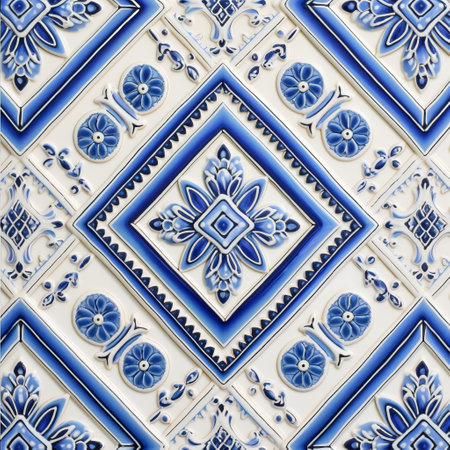 the traditional asia blue and white diamond pattern features a repeating design of blue and white diamonds with dark blue outlines on a light white background. the diamonds are evenly spaced and have small details inside, often in different shades of blue. this pattern is a symbol of asia heritage and is commonly used in textiles and design, showcasing a deep, rich shade of blueの素材