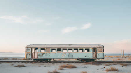 train car in vintage minimalism style, situated amidst a desolate landscape near a serene ocean. the light cyan and light bronze hues, along with the patinated and oxidized appearance, evoke a sense of muted colors. this image captures working-class empathy and suburban ennui, showcasing vintage aesthetics. ai generatedの素材