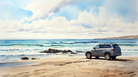 seaside view of the ocean captured with precision and lifelike details, showcasing the refined elegance of scottish landscapes. this editorial illustration, taken with a nikon d850, resembles a painted artwork and is reminiscent of auto body works. ai generatedの素材