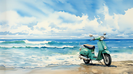 a blue scooter rests on the sandy beach, surrounded by a serene landscape. the artwork captures the essence of realistic landscapes with soft, tonal colors reminiscent of emotional watercolors. the sky-blue and green hues create a calming atmosphere. the style of the artwork draws inspiration from stimwave, les nabis, panorama, and precisionist movements. ai generatedの素材