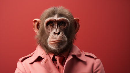 a monkey wearing a pink suit, complete with a tie and a bow tie, is captured in this hyper-realistic portrait. created using photobashing and vray tracing techniques, the monkey stands out with its red and brown monochromatic hues. this animalier artwork showcases the artist's mastery of photo-realistic techniques. ai generatedの素材