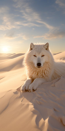 a stunning hd wallpaper featuring a majestic wolf in the desert. this captivating image, created in the style of daz3d, showcases the wolf's quiet contemplation amidst the serene desert landscape. shot with a canon eos 5d mark iv, the light white and light crimson tones add a touch of elegance to this award-winning beach portrait. download now for a mesmerizing addition to your wallpaper collection.の素材