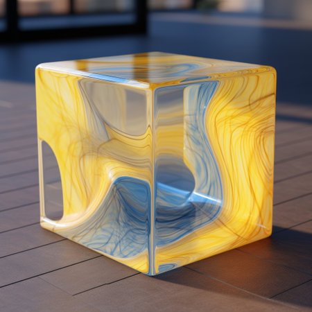 3d model of an end table, featuring a unique combination of organic reactions practice problems and aerospace elements. the table is designed in olive yellow and lemon chiffon colors, with crosshatched strokes adding texture. the surface showcases a blend of lemon chiffon and hazy-blue shades, resembling a palm pattern. the overall design is vibrant, with a touch of yellow and a net-like structure. ai generatedの素材