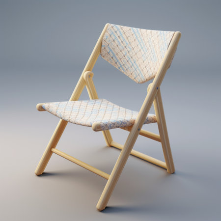 a 3d model of a folding chair, designed with a unique blend of organic synthesis and automation elements. the chair features a blanched almond color scheme, with angular crosshatching details in blanched almond and sky blue crayola. the seat is made of straw material, complemented by a lavender pattern. ai generatedの素材