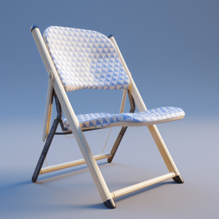 a 3d model of a folding chair, designed with a unique blend of organic synthesis and automation elements. the chair features a blanched almond color scheme, with angular crosshatching details in both blanched almond and sky blue crayola. the seat is made of straw, adding a touch of natural texture, while the lavender pattern adds a subtle yet elegant touch. ai generatedの素材