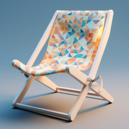 a 3d model of a folding chair, designed with a unique blend of organic synthesis and automation elements. the chair features a blanched almond color scheme, with angular crosshatching details in both blanched almond and sky blue crayola. the seat is made of straw, adding a touch of natural texture, while the lavender pattern adds a subtle yet elegant touch. ai generatedの素材