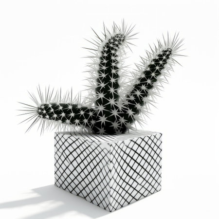 a cactus plant, in the style of optical op art, sits inside a white cube. this meticulous photorealistic still life features bold, black lines and spiky mounds. the cactus is depicted in a naturalistic pose, with frequent use of diagonals. the white background enhances the overall visual impact. ai generatedの素材