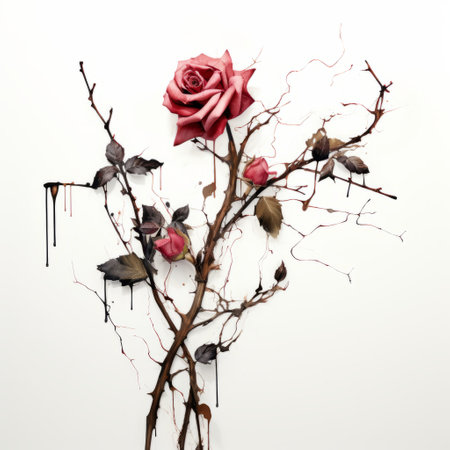 a dark pink and dark bronze rose, adorned with water droplets, drips over a white wall. the twisted branches and deconstructed objects create a surreal still life focus, reminiscent of taxidermy. this captivating image combines elements of bloomcore, gothic pop, and surrealism. ai generatedの素材
